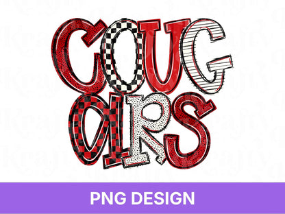 Cougars School Mascot PNG, Checkered Stripe Letter Designs, Polka Dot Team Name, Game Day Spirit Wear