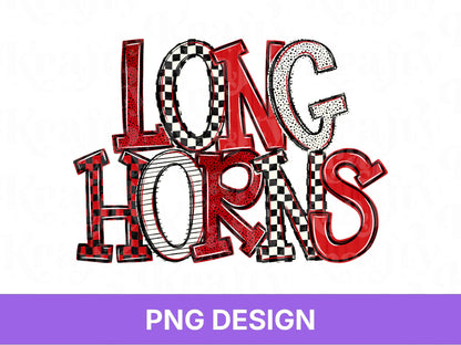 Longhorns School Mascot PNG, Checkered Stripe Letter Designs, Team Name, Game Day Spirit Wear