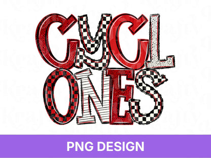 Cyclones School Mascot PNG, Checkered Stripe Letter Designs, Team Name, Game Day Spirit Wear