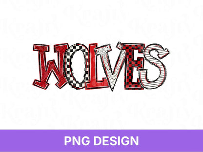 Wolves School Mascot PNG, Checkered Stripe Letter Designs, Team Name, Game Day Spirit Wear
