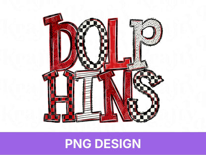 Dolphins School Mascot PNG, Checkered Stripe Letter Designs, Team Name, Game Day Spirit Wear