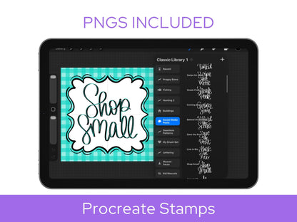 Small Business Procreate Stamps, Hand Lettered Seller Phrases, Social Media Accents and Frames