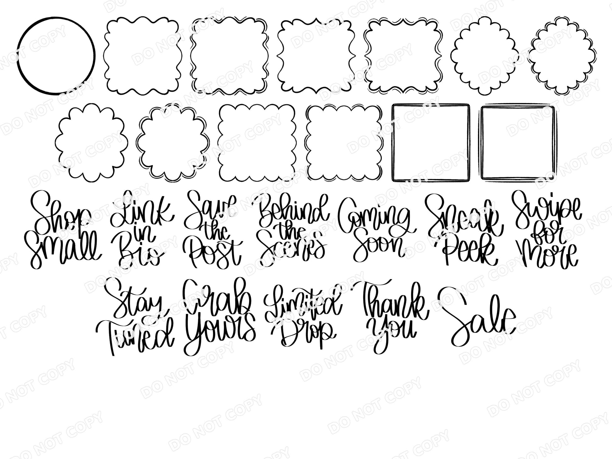 Small Business Procreate Stamps, Hand Lettered Seller Phrases, Social Media Accents and Frames