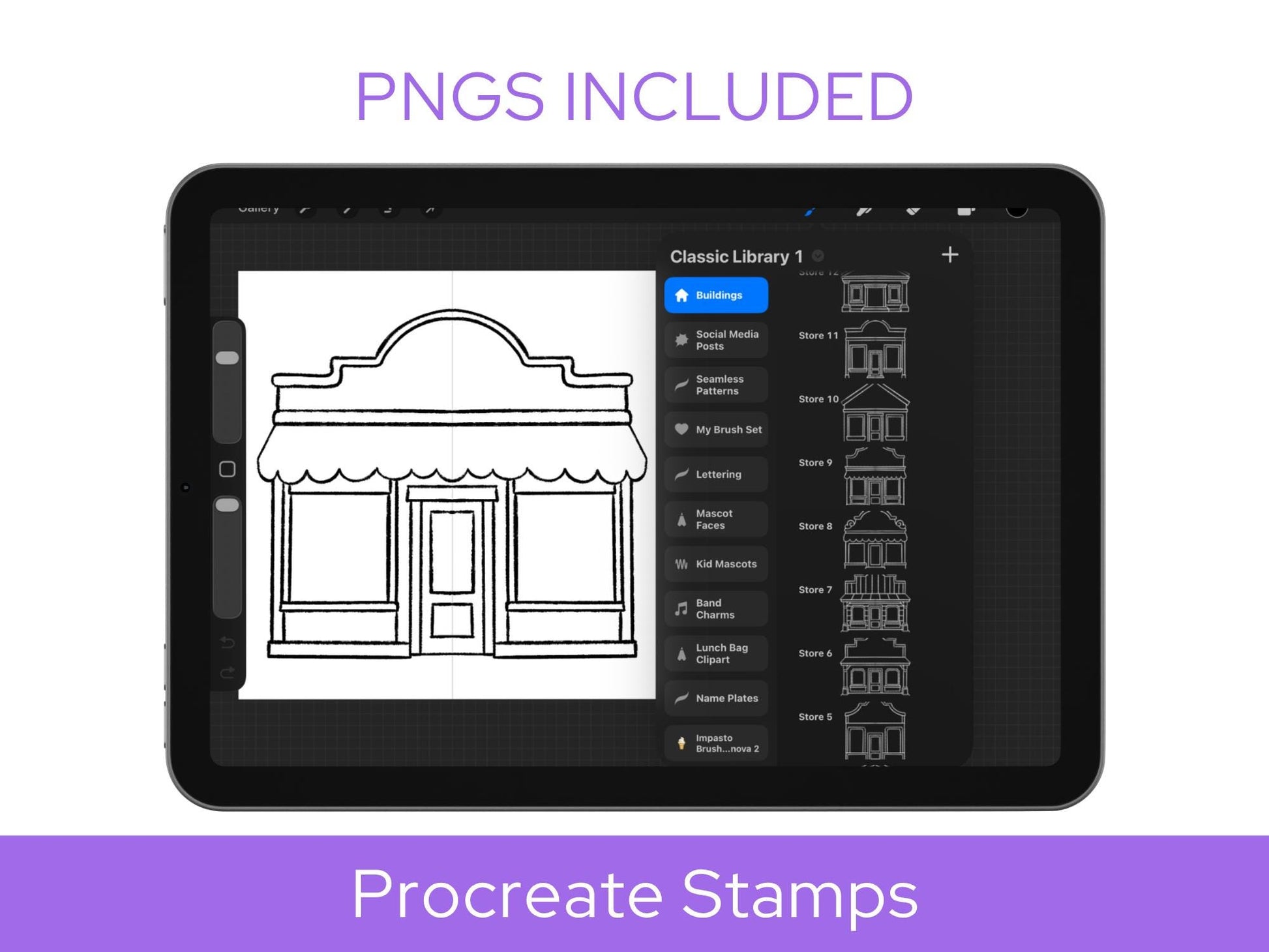 Small Town Procreate Stamp Set, Boutique Storefronts, Houses, Buildings & Shop Sign