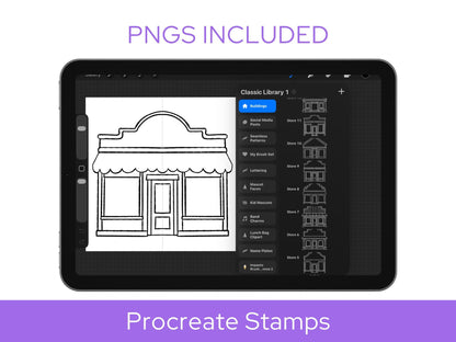 Small Town Procreate Stamp Set, Boutique Storefronts, Houses, Buildings & Shop Sign