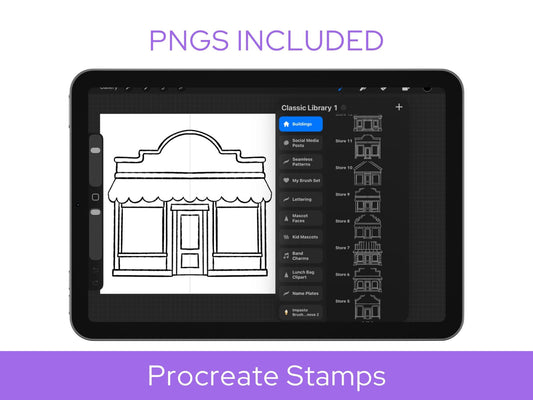Small Town Procreate Stamp Set, Boutique Storefronts, Houses, Buildings & Shop Sign
