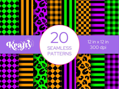 Neon Halloween Seamless Pattern Bundle, Digital Repeatable Pattern, Checkered Stripes, Scrapbook Paper