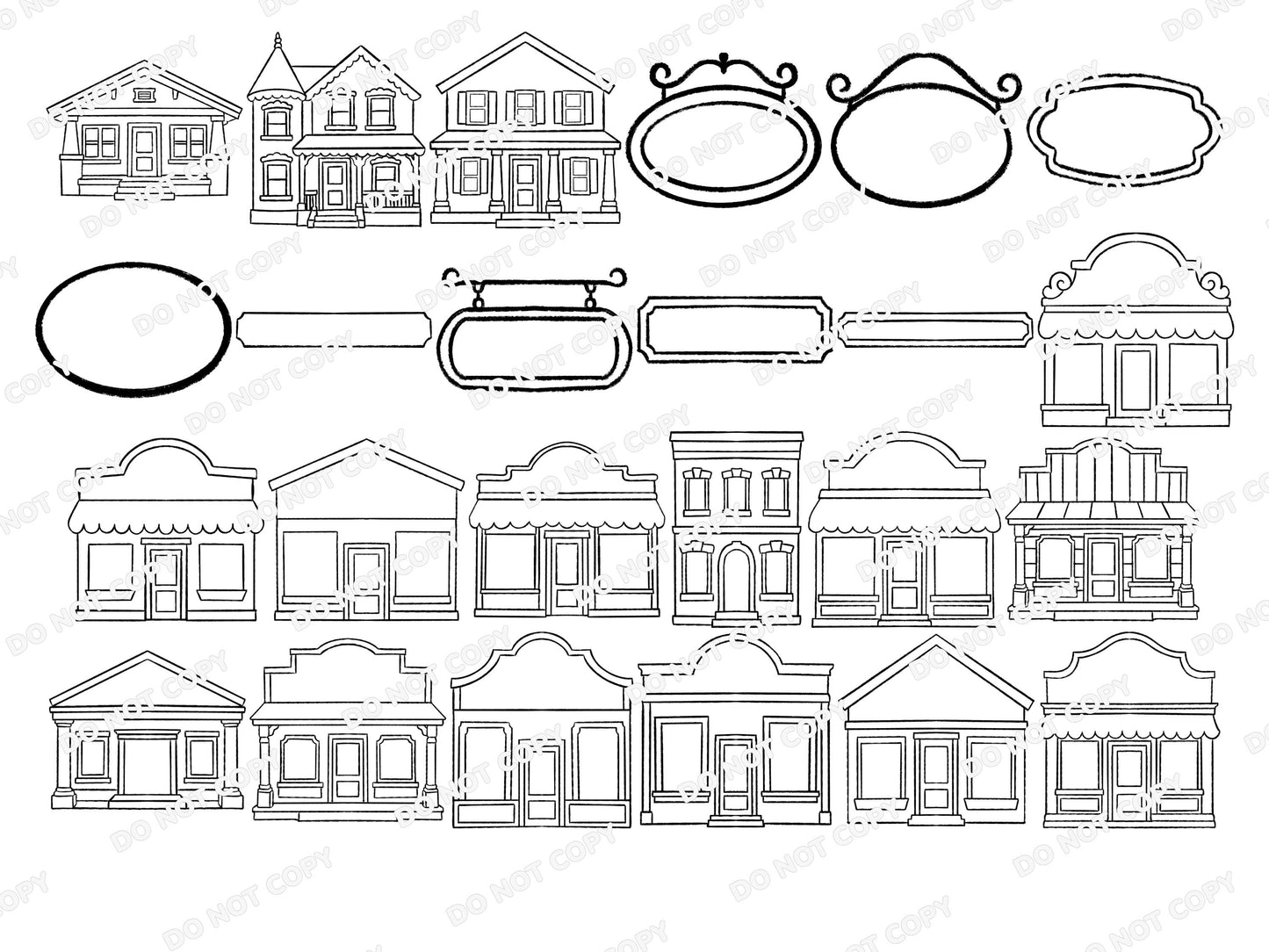 Small Town Procreate Stamp Set, Boutique Storefronts, Houses, Buildings & Shop Sign