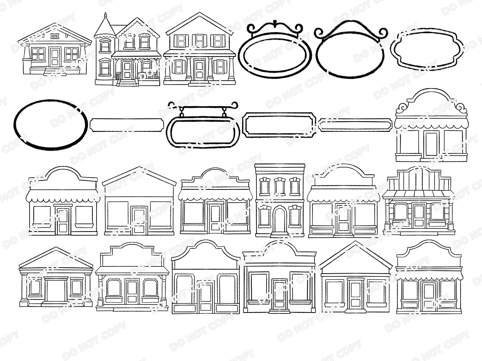 Small Town Procreate Stamp Set, Boutique Storefronts, Houses, Buildings & Shop Sign