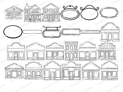 Small Town Procreate Stamp Set, Boutique Storefronts, Houses, Buildings & Shop Sign