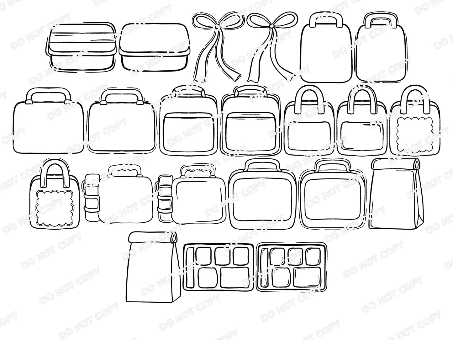 School Lunch Stamps: Hand Drawn, Lunchbox Bag Line Art Clipart, Back to School