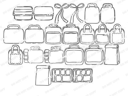 School Lunch Stamps: Hand Drawn, Lunchbox Bag Line Art Clipart, Back to School