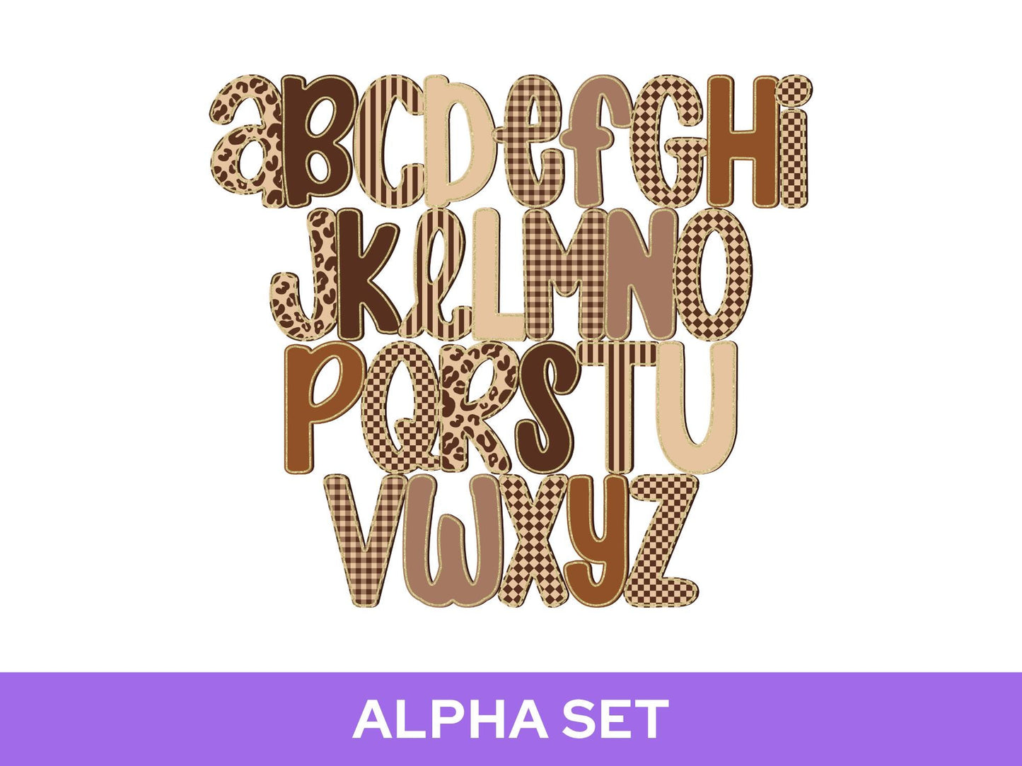 Neutral Preppy Alphabet PNG, Brown Leopard Alpha Set, Gingham Checkered Striped Sublimation Letters