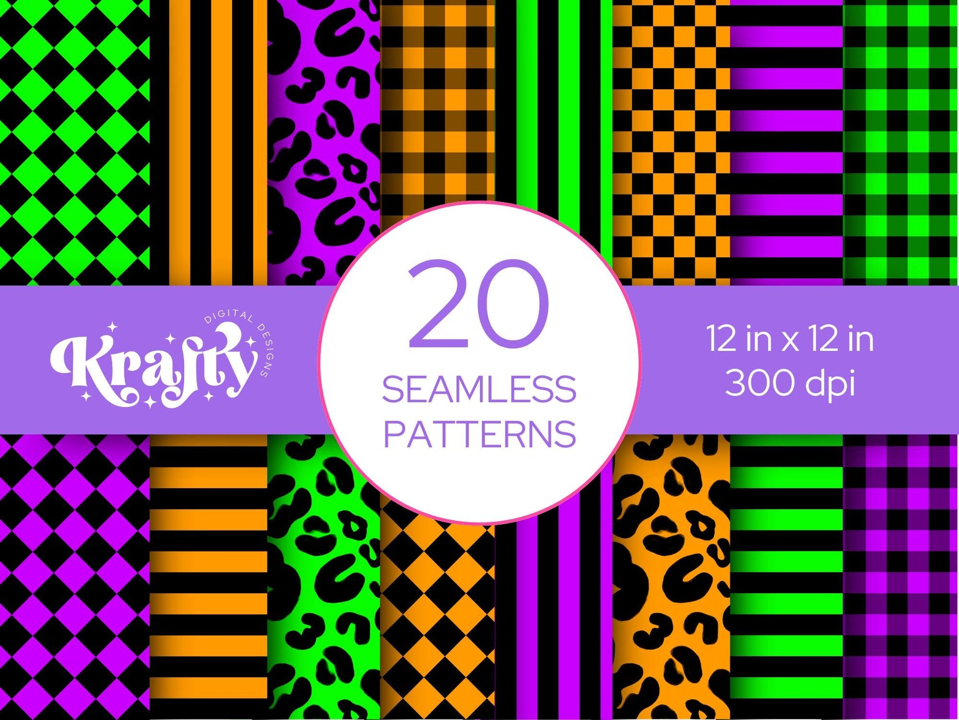 Neon Halloween Seamless Pattern Bundle, Digital Repeatable Pattern, Checkered Stripes, Scrapbook Paper
