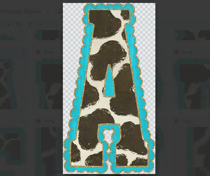 Cow Print Western Doodle Alpha Set, Alphabet Letters: PNG Clipart, Commercial Use